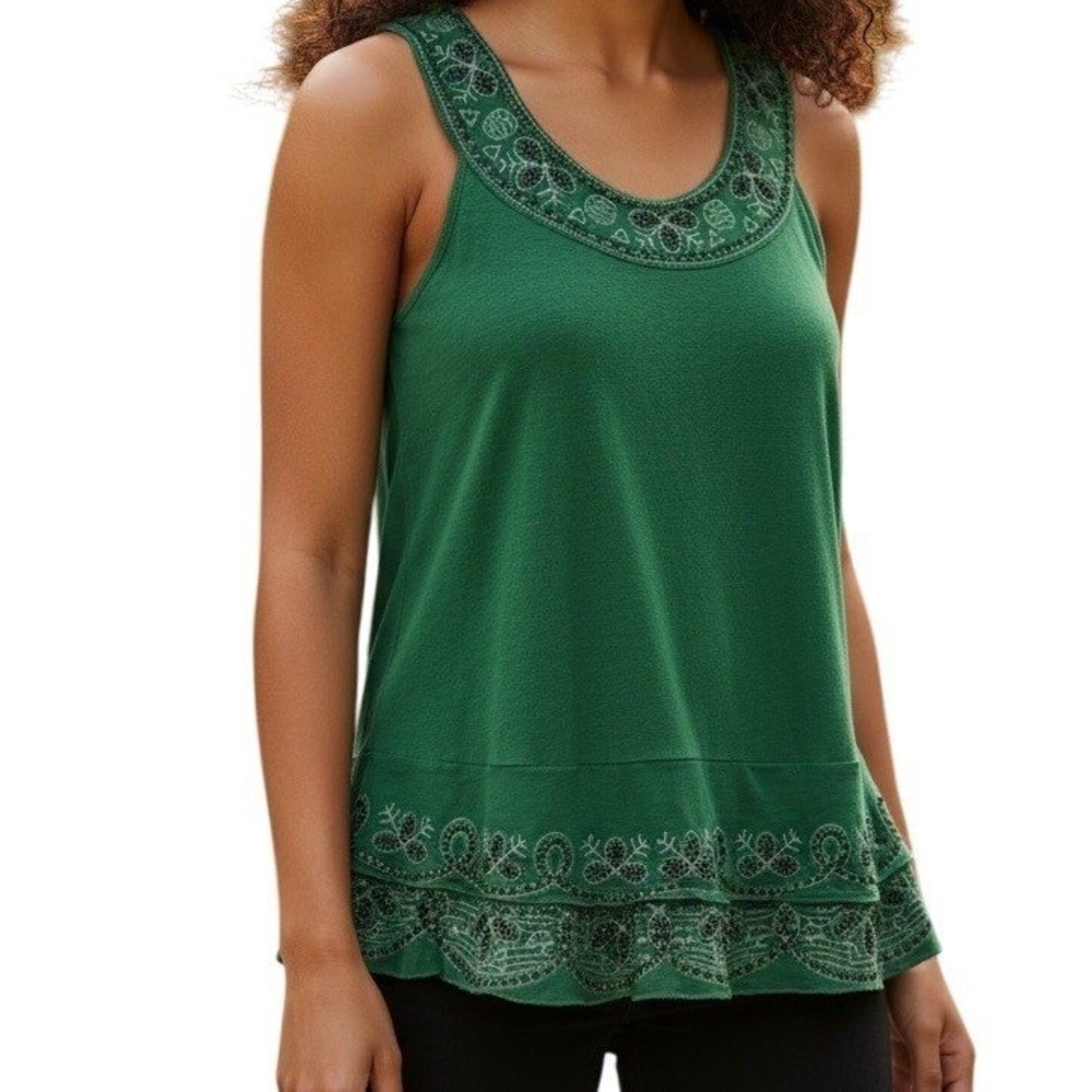 ANTHROPOLOGIE ONE SEPTEMBER Green Embroidered Beaded Tank Top EUC Size Small